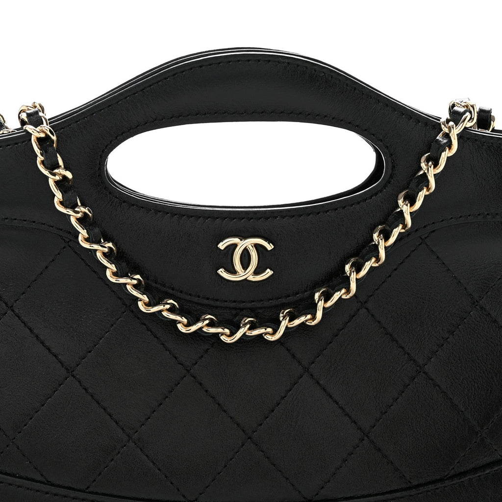 Shiny Crumpled Calfskin Quilted Nano 31 Shopping Bag Black