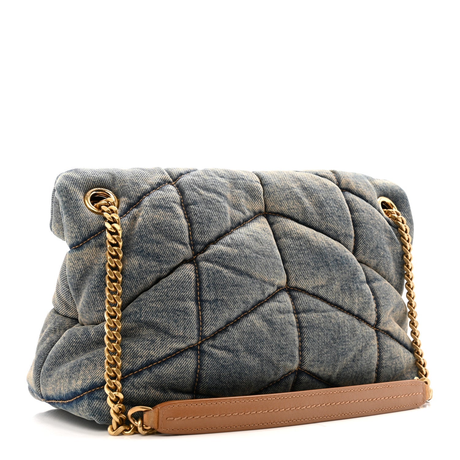 Denim Quilted Small Loulou Puffer Monogram Chain Satchel Blue Cinnamon