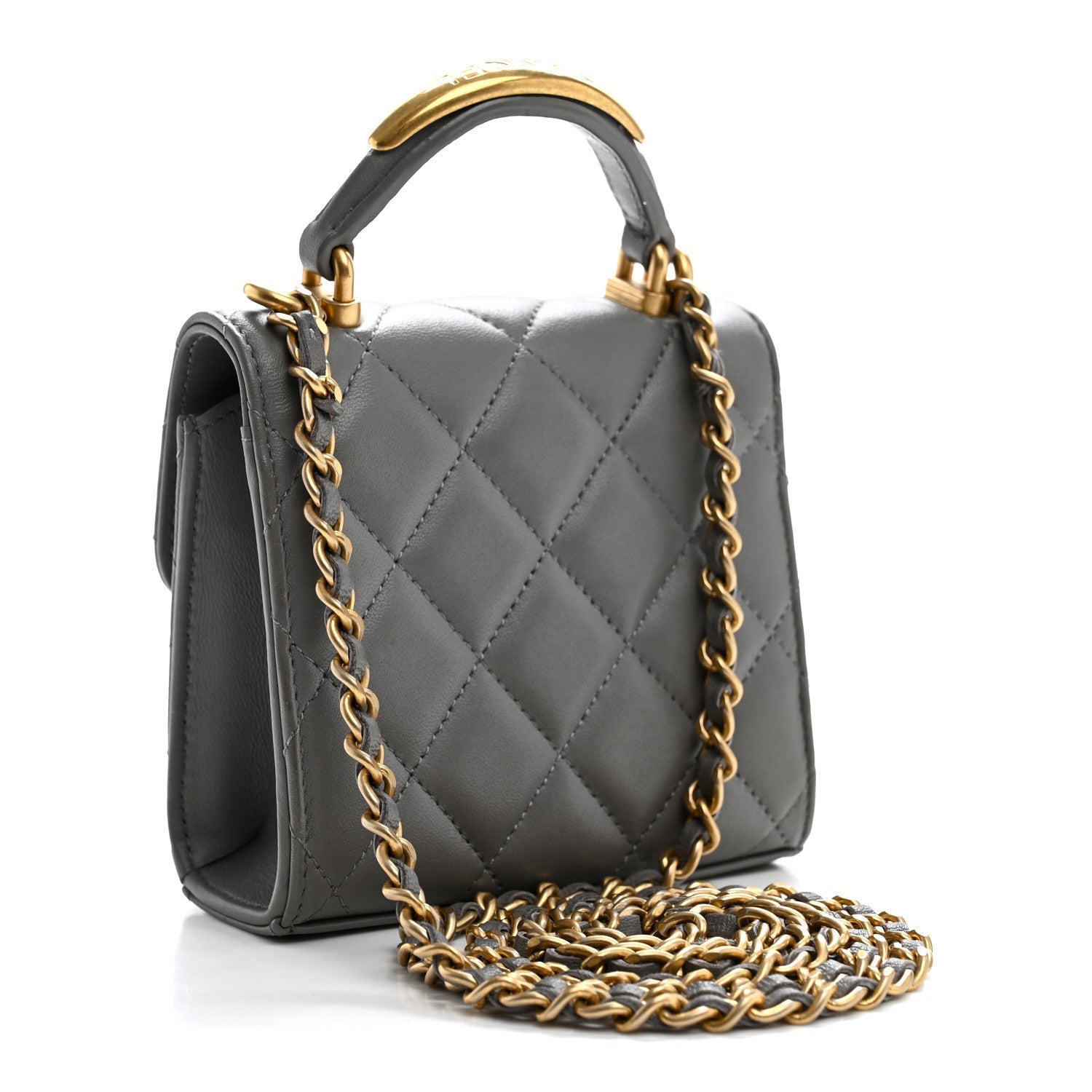 Lambskin Quilted Metal Top Handle Flap Clutch With Chain Grey