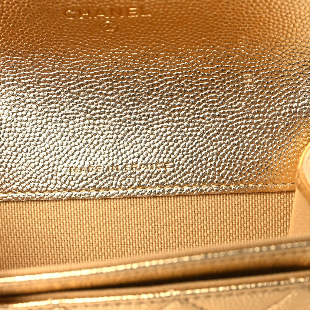 Metallic Caviar Quilted Flap Card Holder Wallet Gold