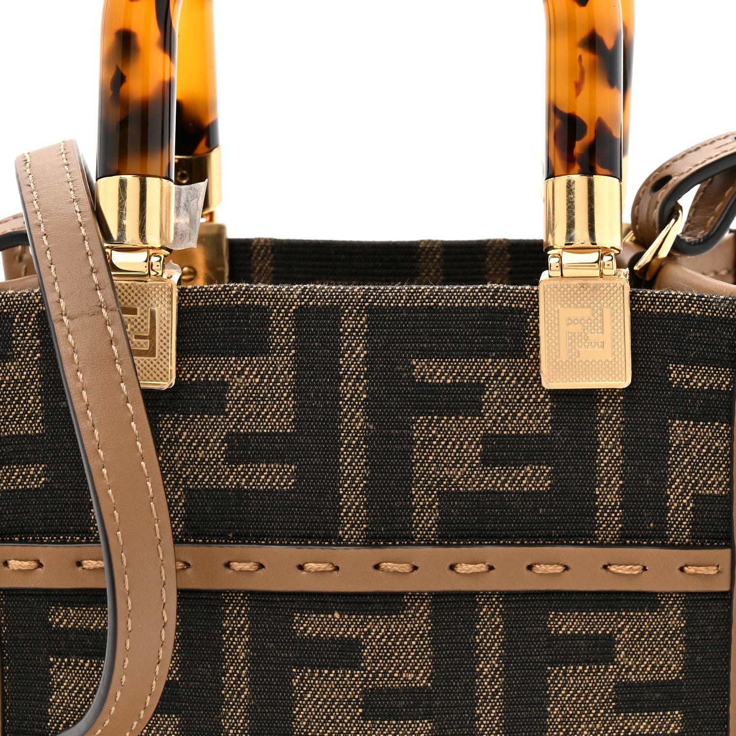 Fabric Jacquard Vitello King Plexiglass FF 1974 Mini Fendi Sunshine Shopper Tote Tobacco Moro Sand