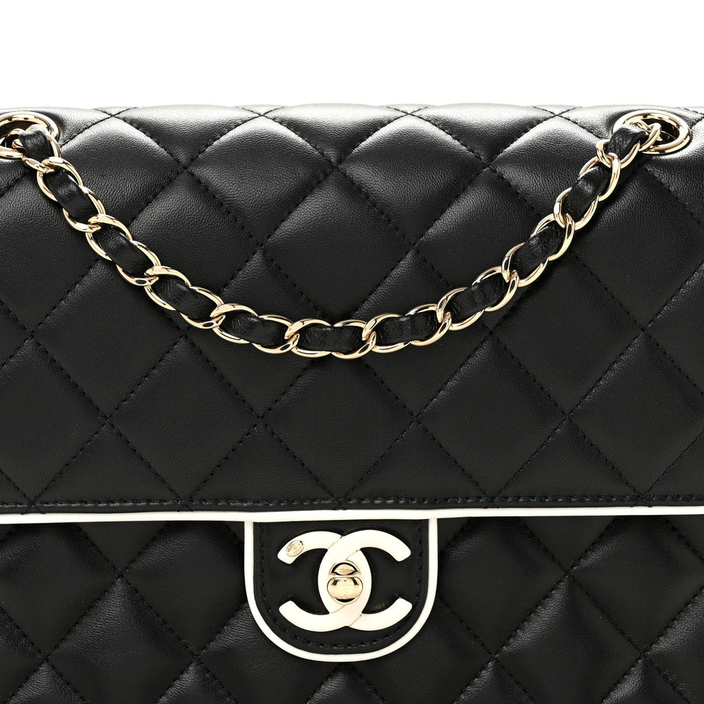 Lambskin Quilted Resin Graphic Frame Flap Bag Black White