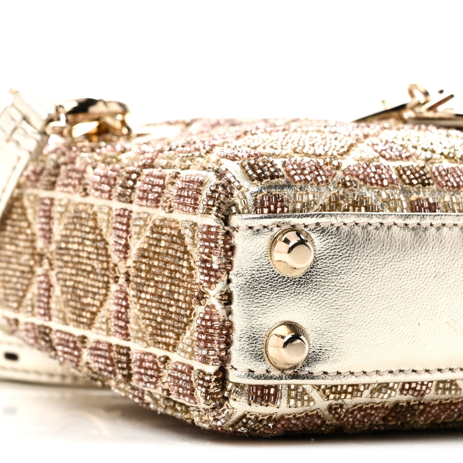 Metallic Lambskin Cannage Beaded Embroidered Micro Lady Dior Gold