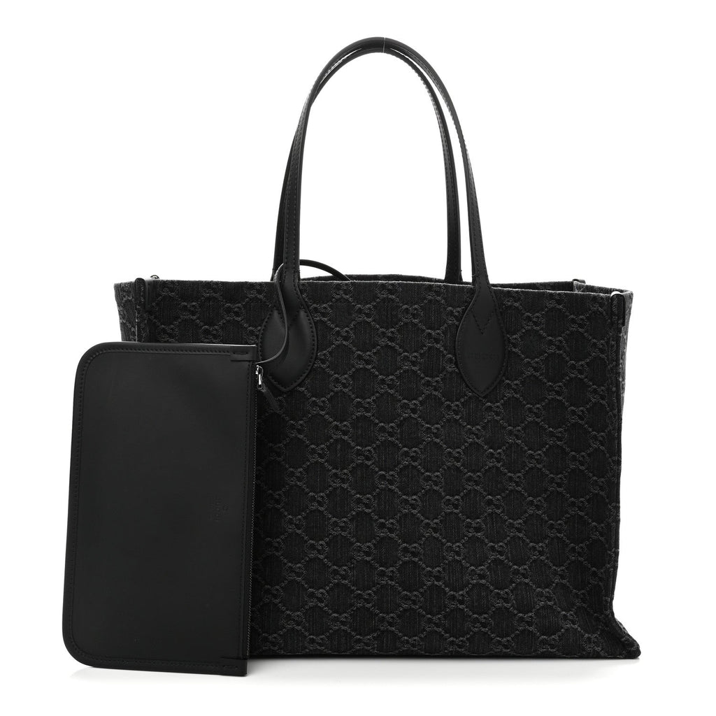 Denim Ophidia GG Monogram Large Tote Black Grey