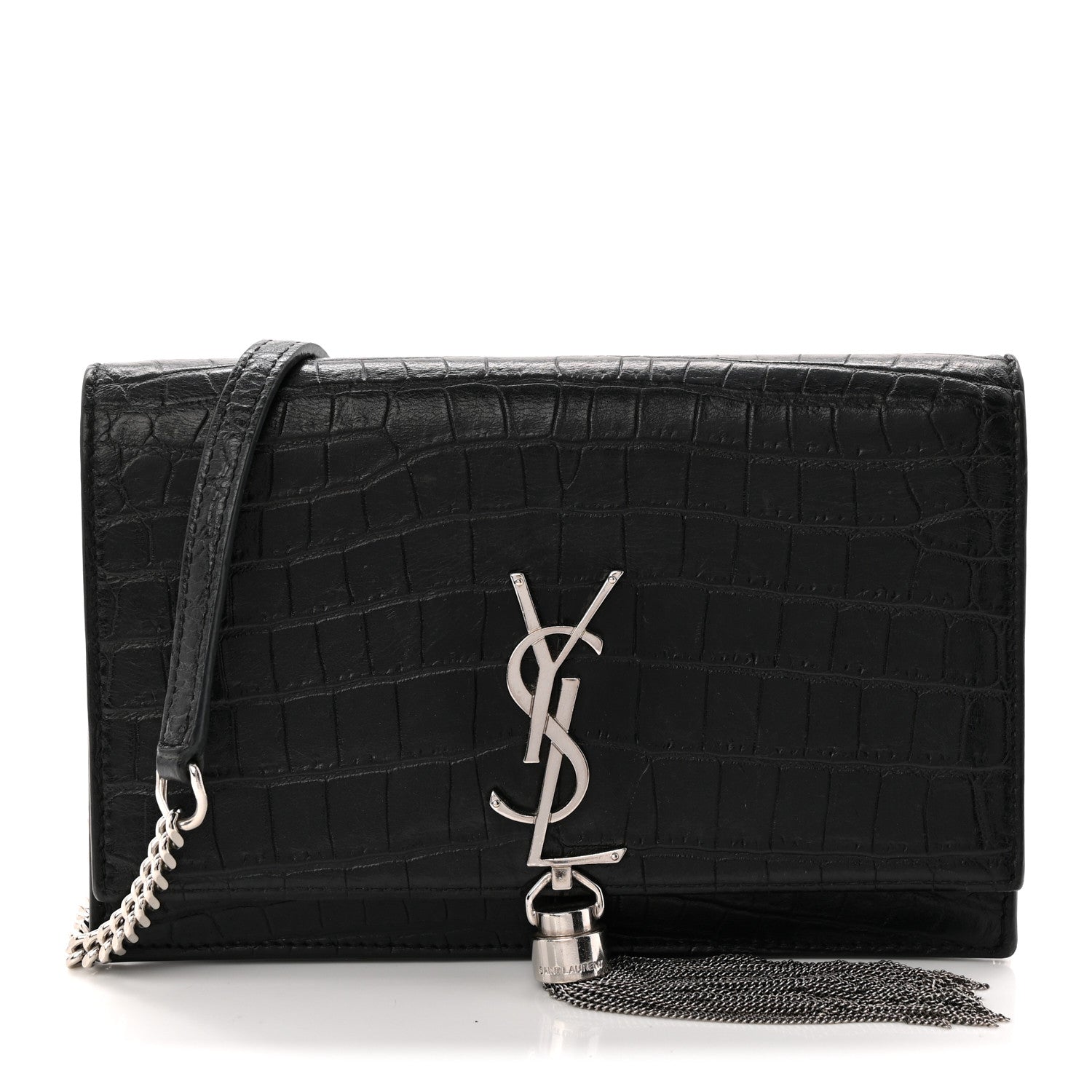 Calfskin Crocodile Embossed Kate Monogram Tassel Chain Wallet Black