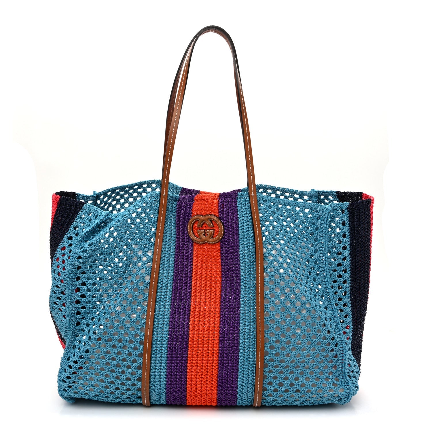 Raffia Web Woven Interlocking G Tote Blue Multicolor