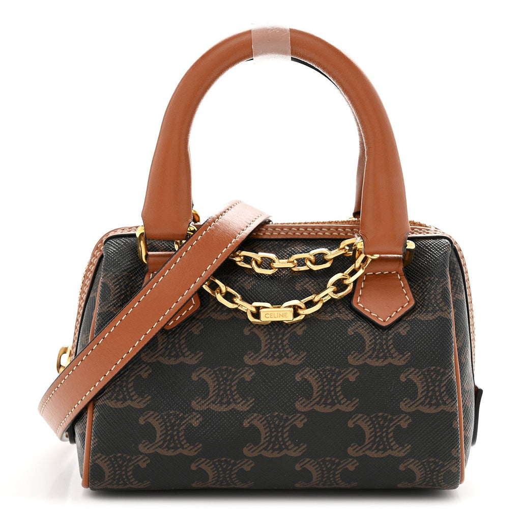 Triomphe Canvas Calfskin Mini Boston Bag Tan