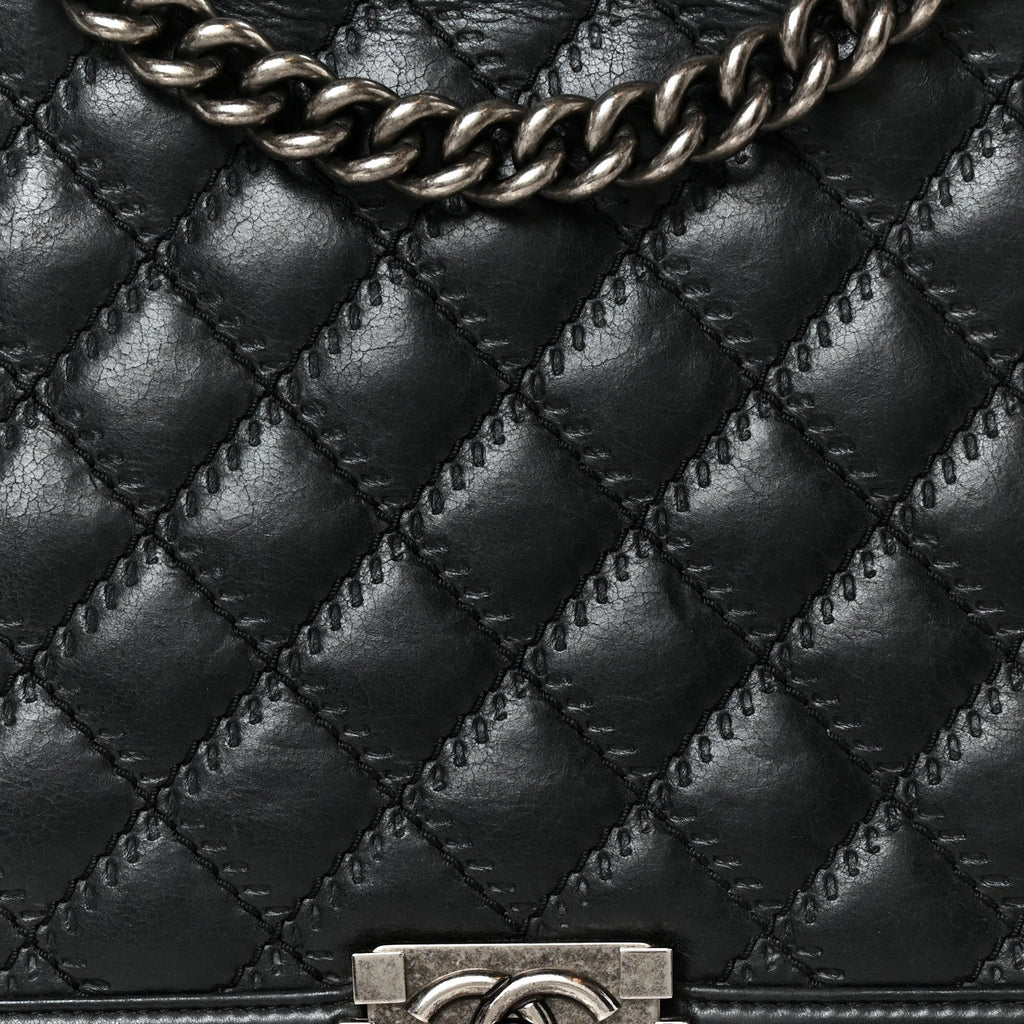 Calfskin Quilted Double Stitch New Medium Boy Flap Black