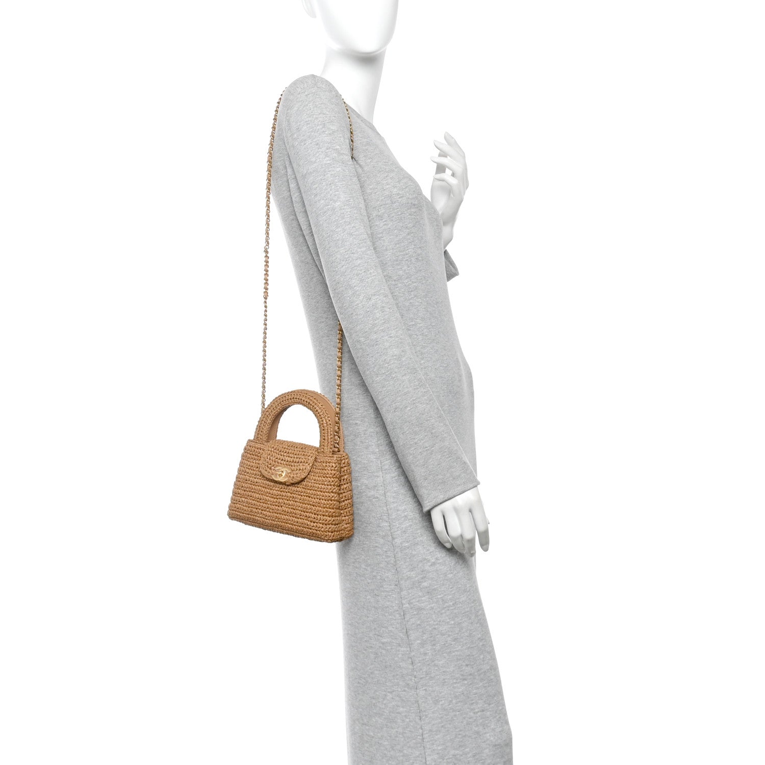 Braided Raffia Nano Kelly Flap Bag Dark Beige