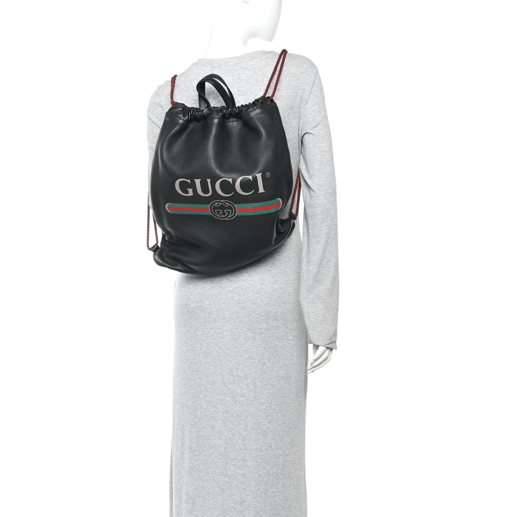 Calfskin Logo Drawstring Backpack Black