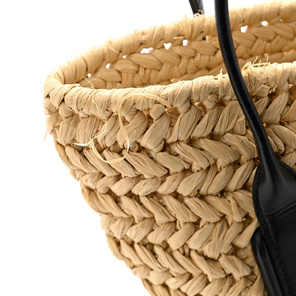 Raffia Calfskin Small Arco Basket Black