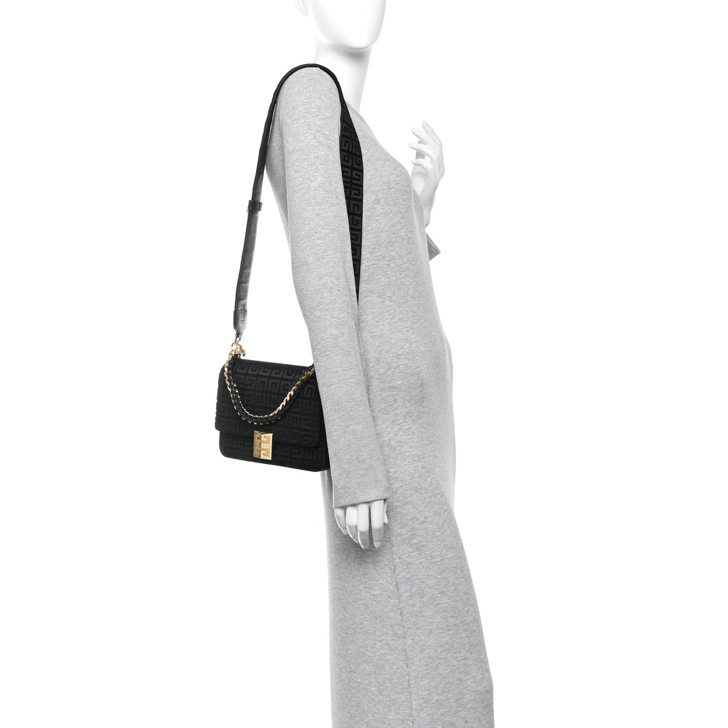 Canvas Woven Embroidered Medium 4G Bag With Chain Black