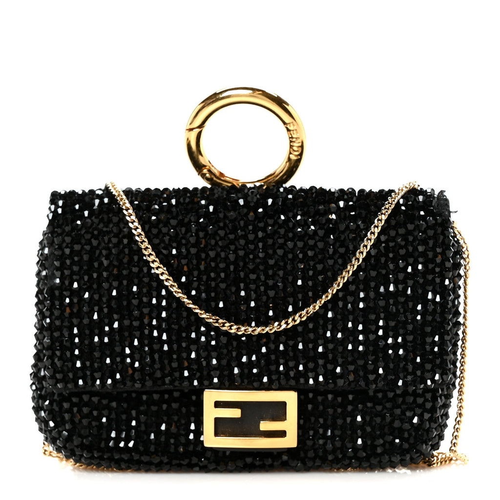 Crystal Vitello King Beaded Nano Baguette Charm Black