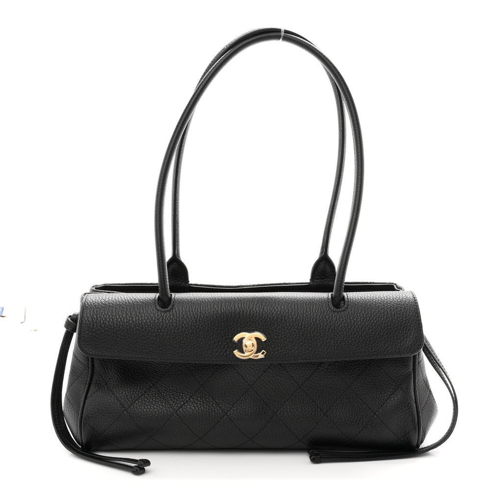 Grained Calfskin Stitched Urban Essentials Small Shopping Bag Black