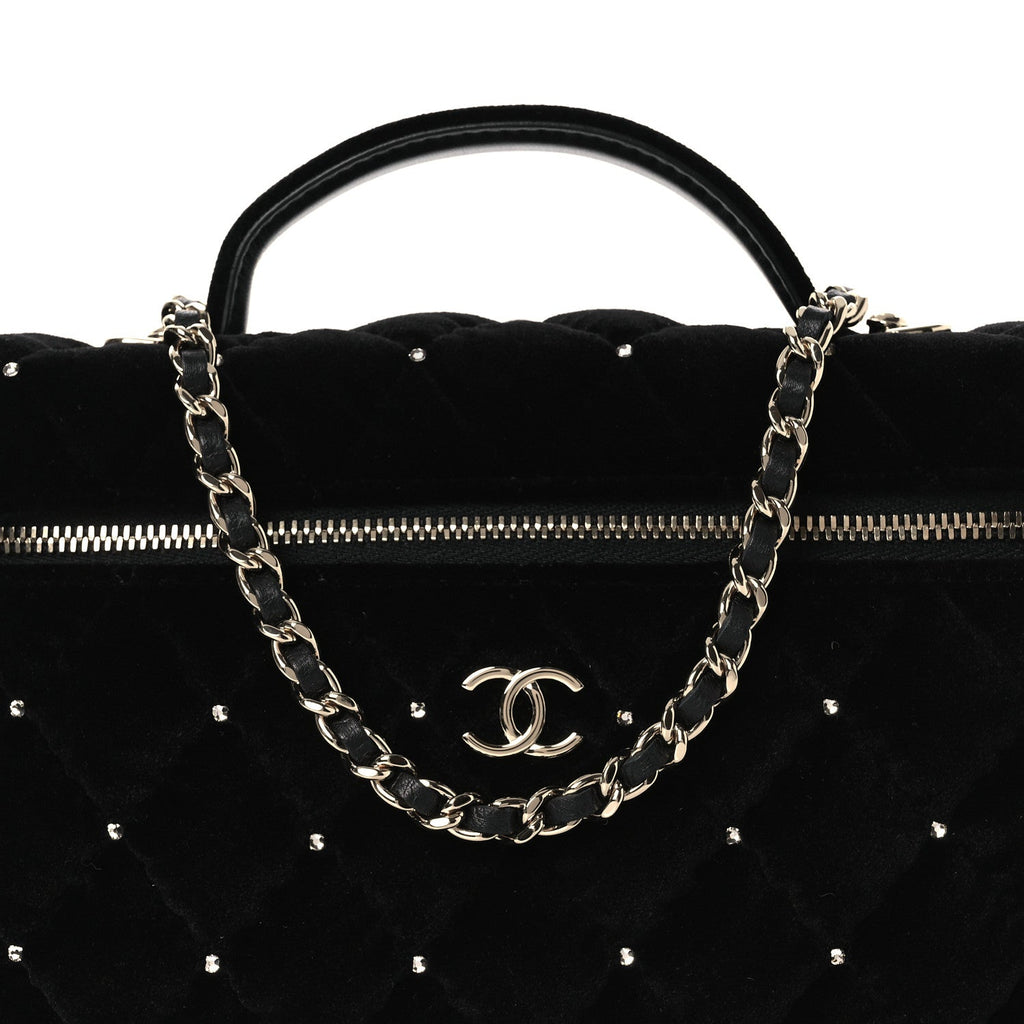 Velvet Diamanté Quilted Top Handle Slim Vanity Case With Chain Black