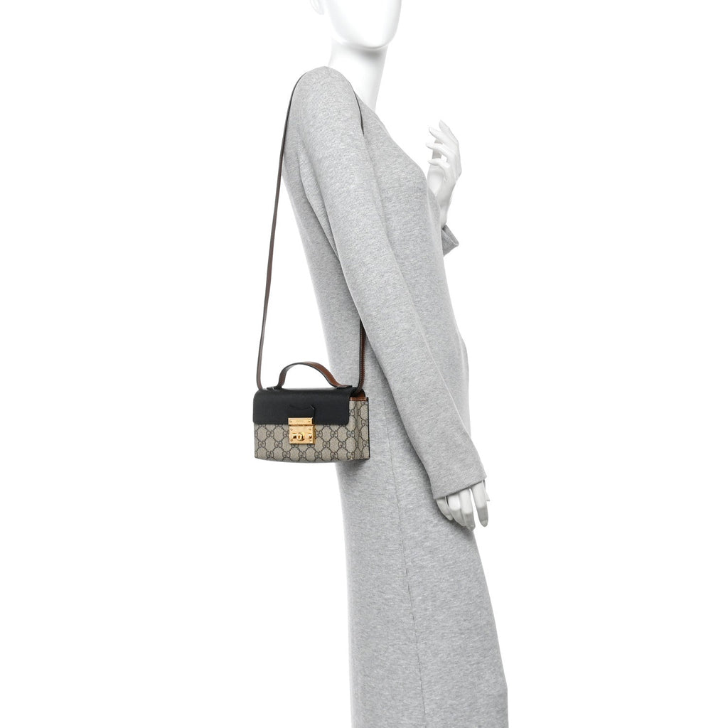 GG Supreme Monogram Calfskin Mini Padlock Top Handle Shoulder Bag Beige Black Cuir