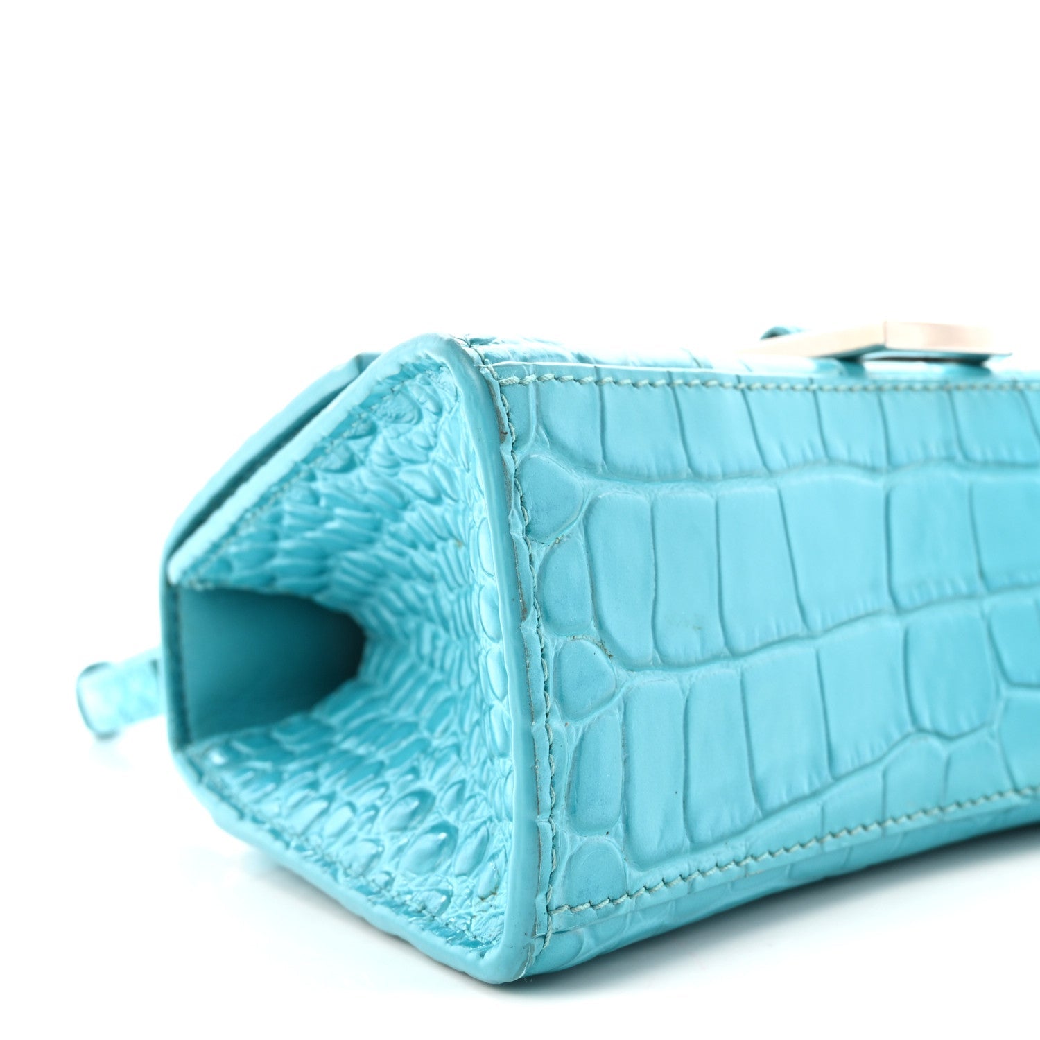 Shiny Calfskin Crocodile Embossed Hourglass Top Handle Bag XS Azur