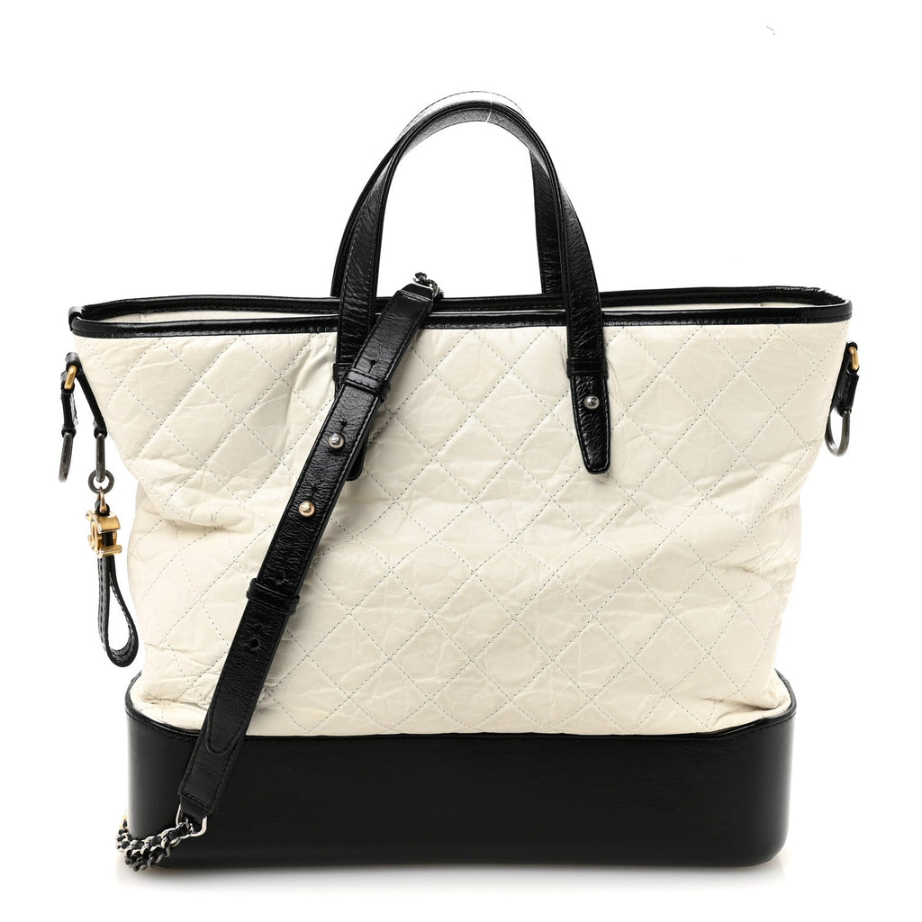 Aged Calfskin Quilted Large Gabrielle Shopping Tote White Black