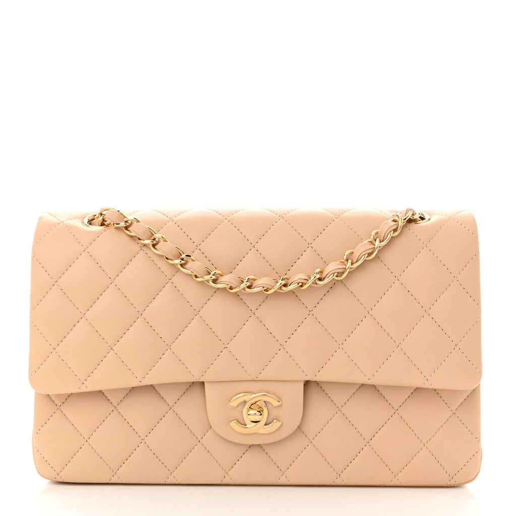 Lambskin Quilted Medium Double Flap Beige