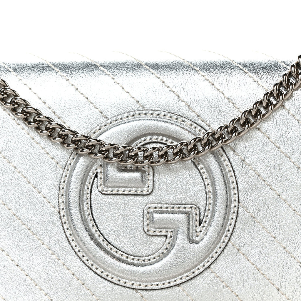 Metallic Sakai Be Green Calfskin Diagonal Stitched Blondie Wallet on Chain Silver