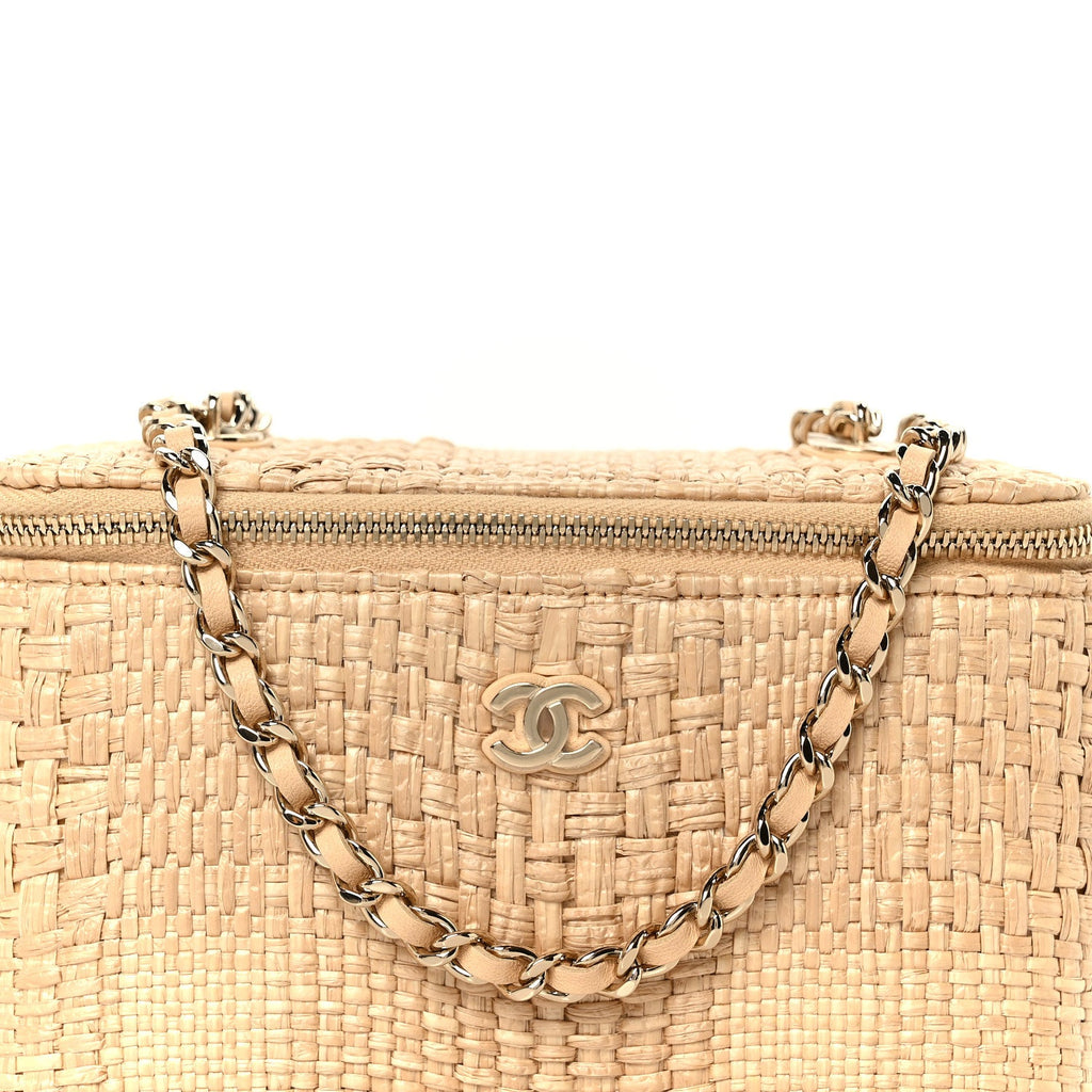 Braided Raffia Top Handle Slim Vanity Case With Chain Beige