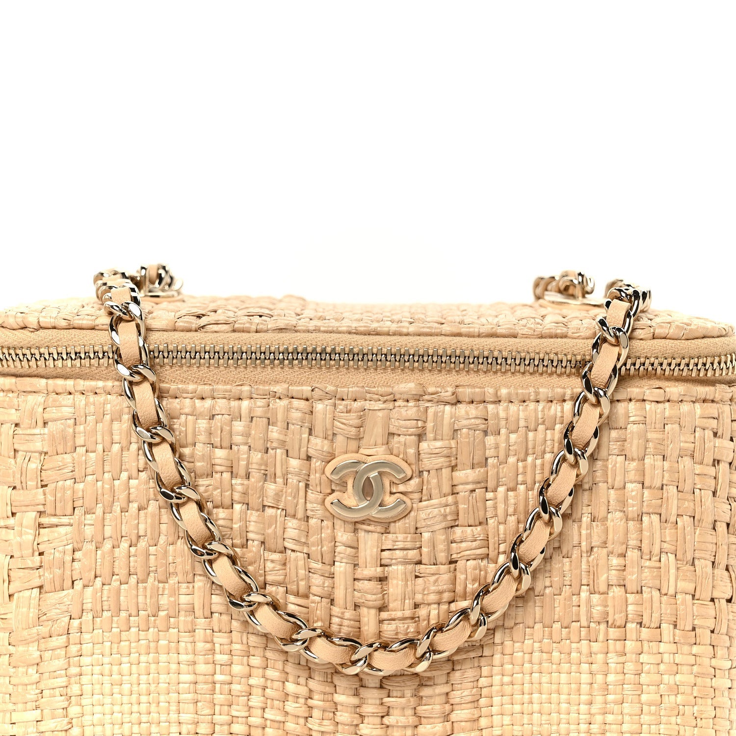 Braided Raffia Top Handle Slim Vanity Case With Chain Beige