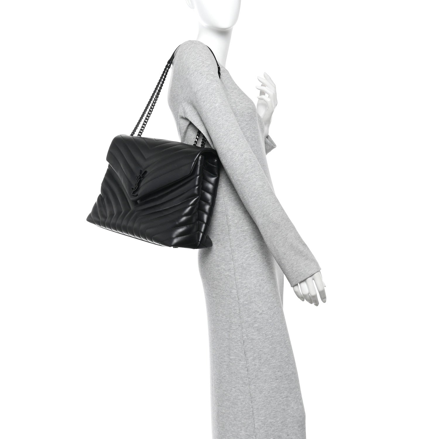 Calfskin Y Quilted Monogram Monochrome Large Loulou Chain Satchel Black