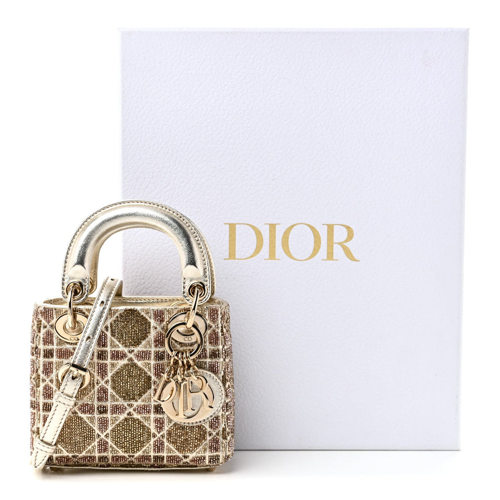 Metallic Lambskin Cannage Beaded Embroidered Micro Lady Dior Gold
