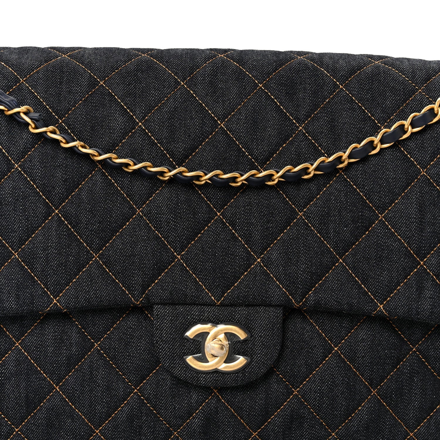 Denim Quilted XXL Travel Flap Bag Dark Blue Orange