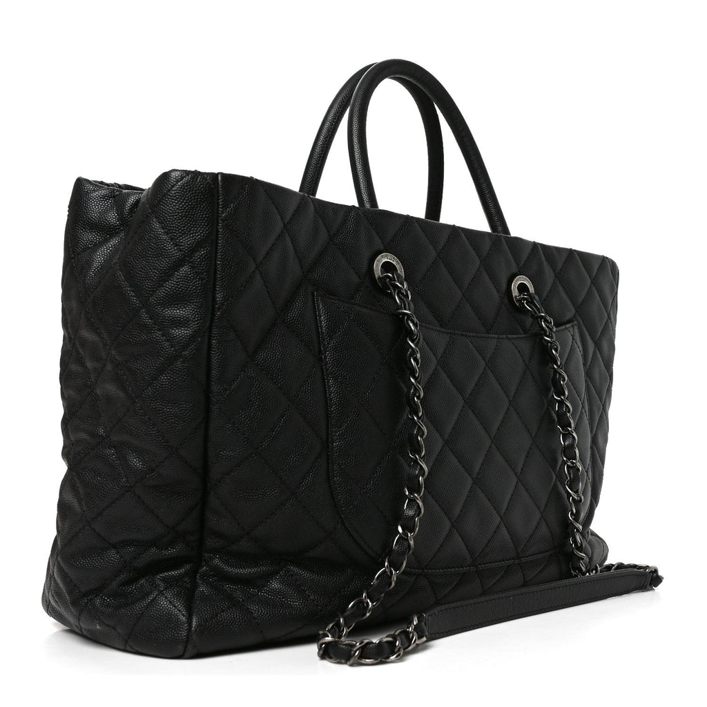 Caviar Quilted Large Coco Handle Shopping Tote Black