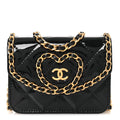 Patent Quilted Chain Around Heart Mini Chain Flap Black