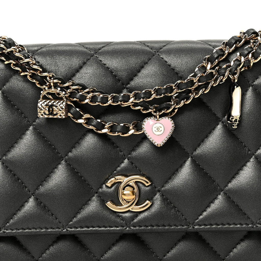 Pearly Lambskin Quilted Charms Wallet On Chain WOC Black