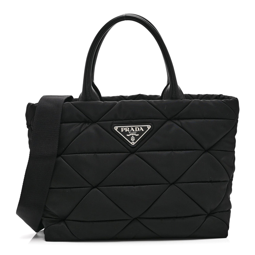 Re-Nylon Nappa Triangle Quilted Padded Small Double Handled Zip Tote Black