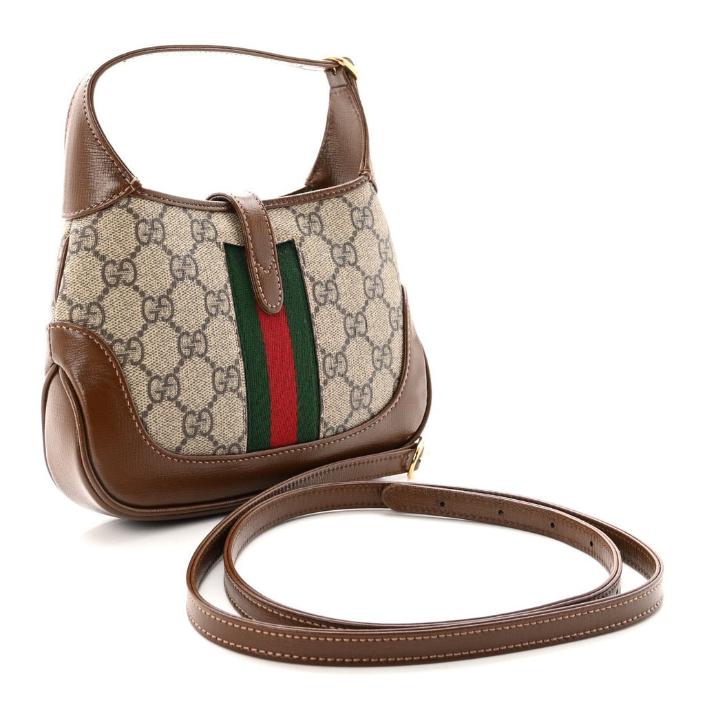 GG Supreme Monogram Azalea Calfskin Web Mini Jackie 1961 Hobo Beige Ebony Brown Sugar