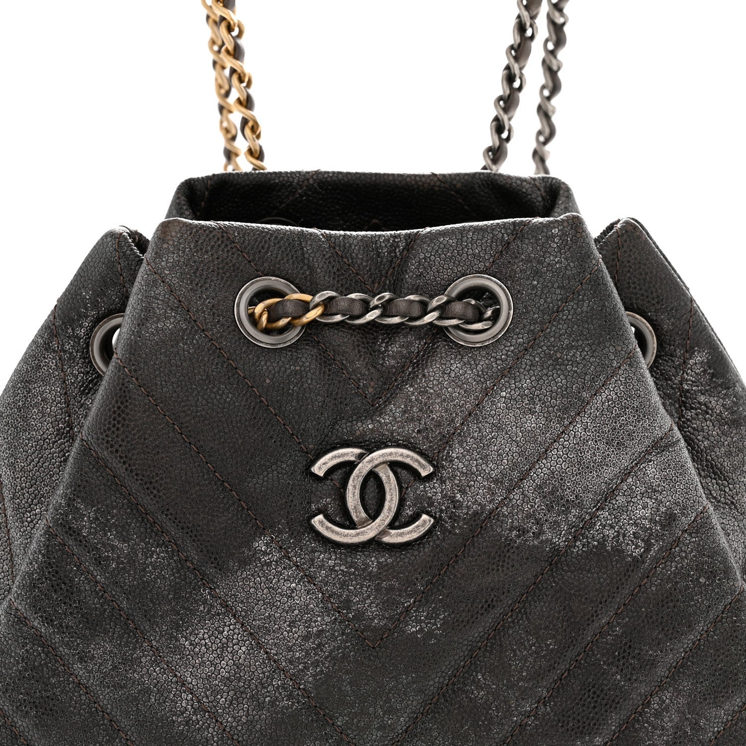 Metallic Grained Goatskin Chevron Quilted Gabrielle Backpack Dark Silver Gold