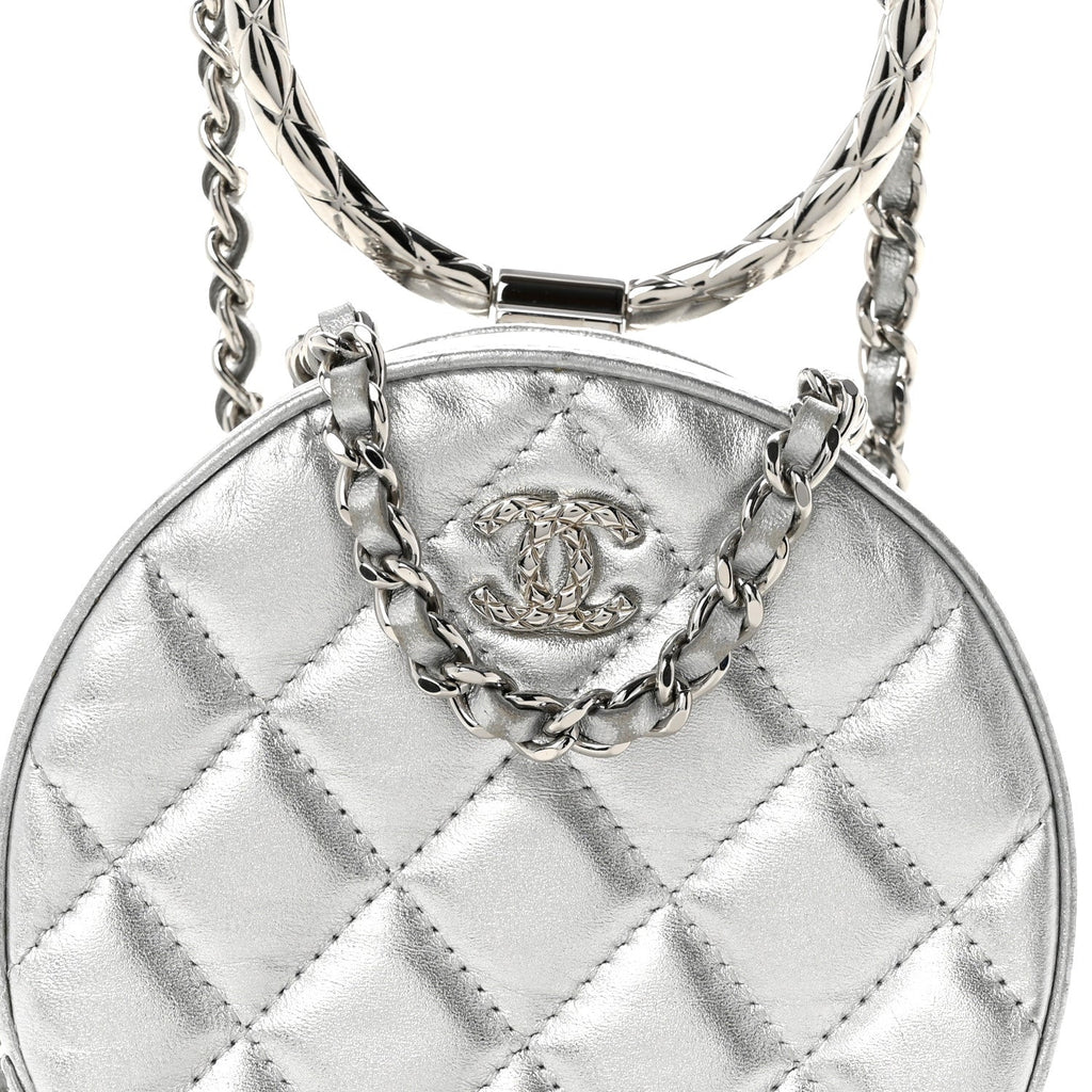 Metallic Calfskin Quilted Round Bracelet Clutch With Chain Silver