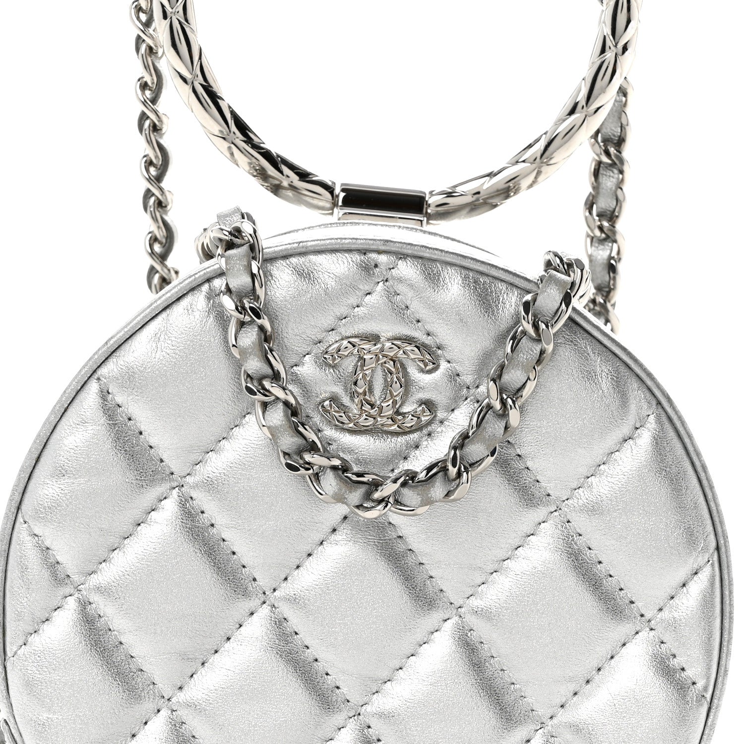 Metallic Calfskin Quilted Round Bracelet Clutch With Chain Silver