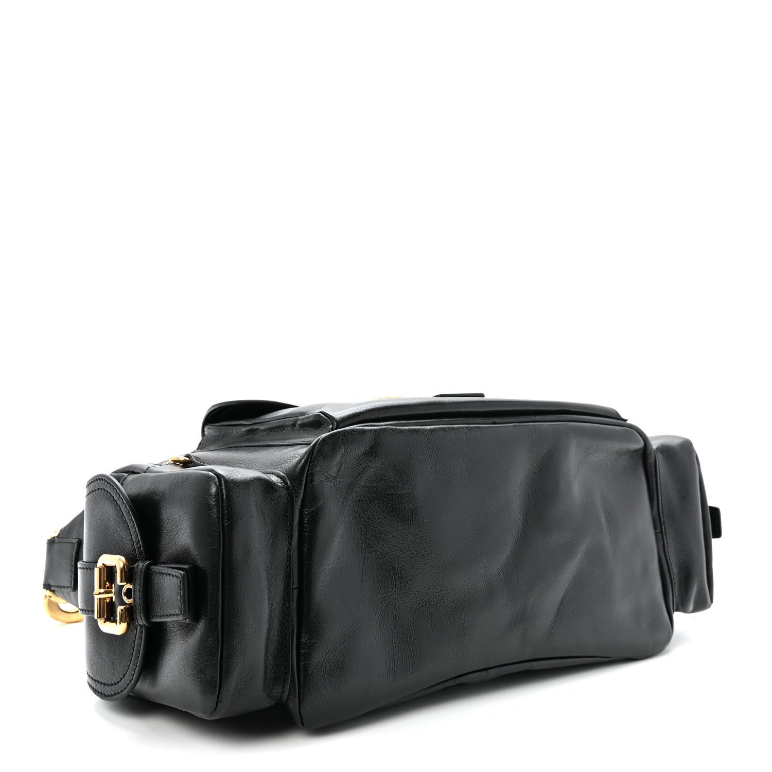 Shiny Calfskin Medium Double Carry Camera Bag Black