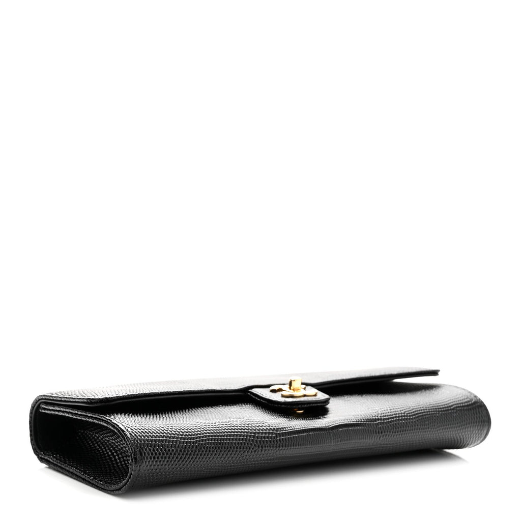 Calfskin Lizard Embossed Top Handle Clutch With Chain Black