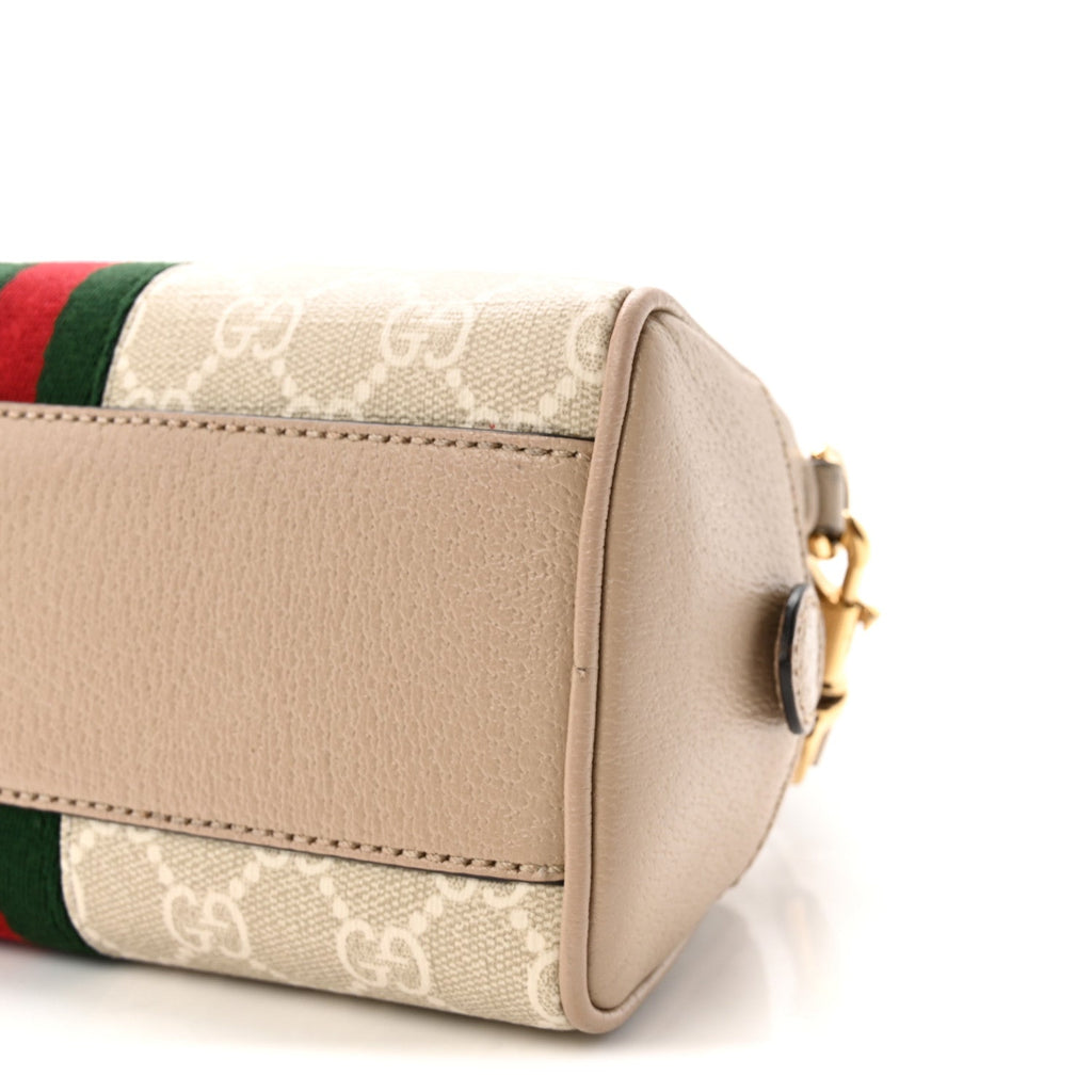 GG Supreme Monogram Textured Dollar Calfskin Web Mini Ophidia Top Handle Bowler Bag Beige Mystic White Oatmeal