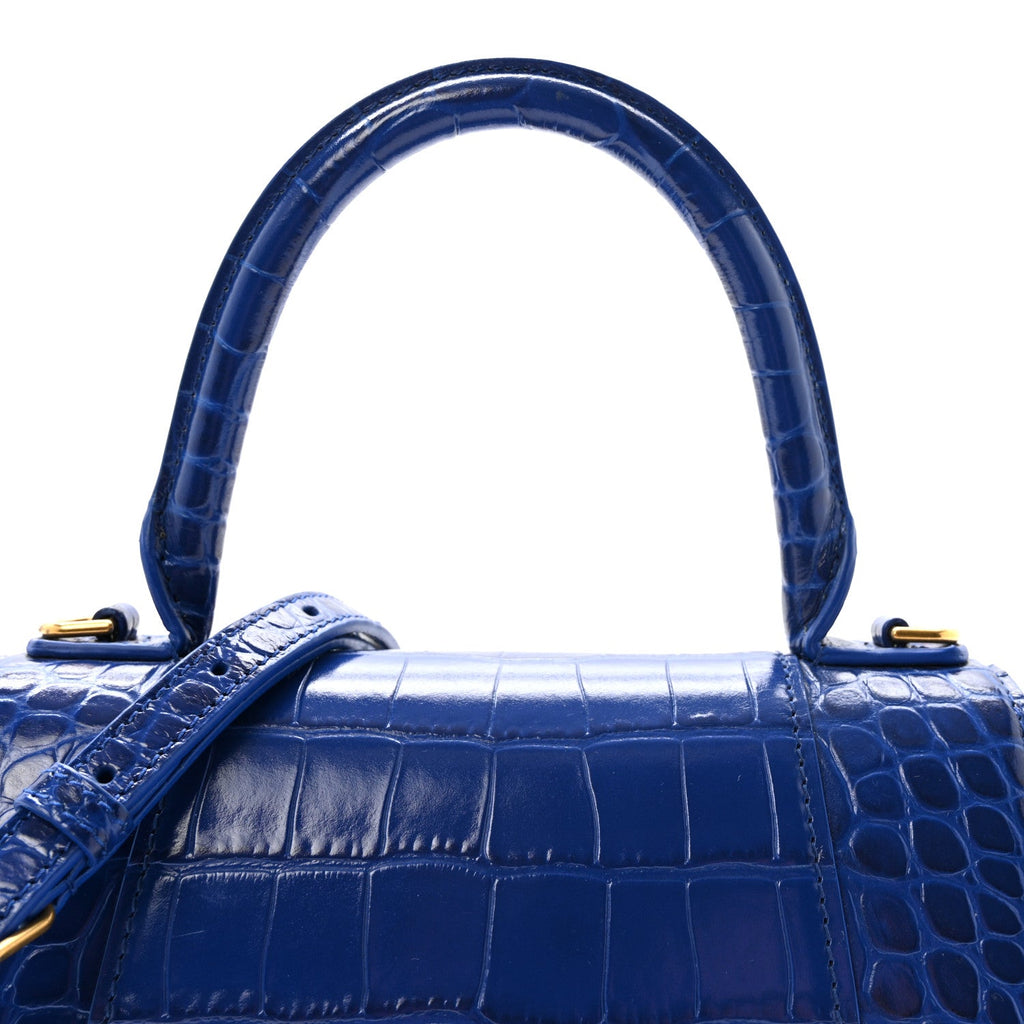Shiny Calfskin Crocodile Embossed Small Hourglass Top Handle Bag Indigo