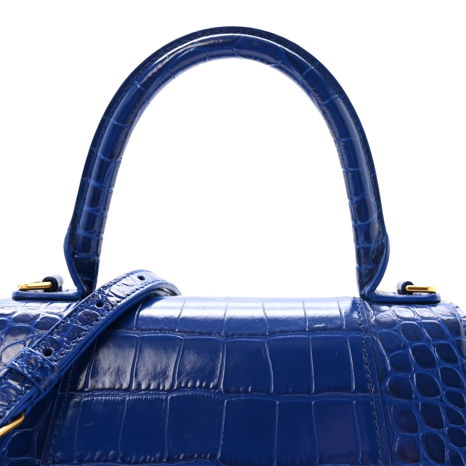 Shiny Calfskin Crocodile Embossed Small Hourglass Top Handle Bag Indigo