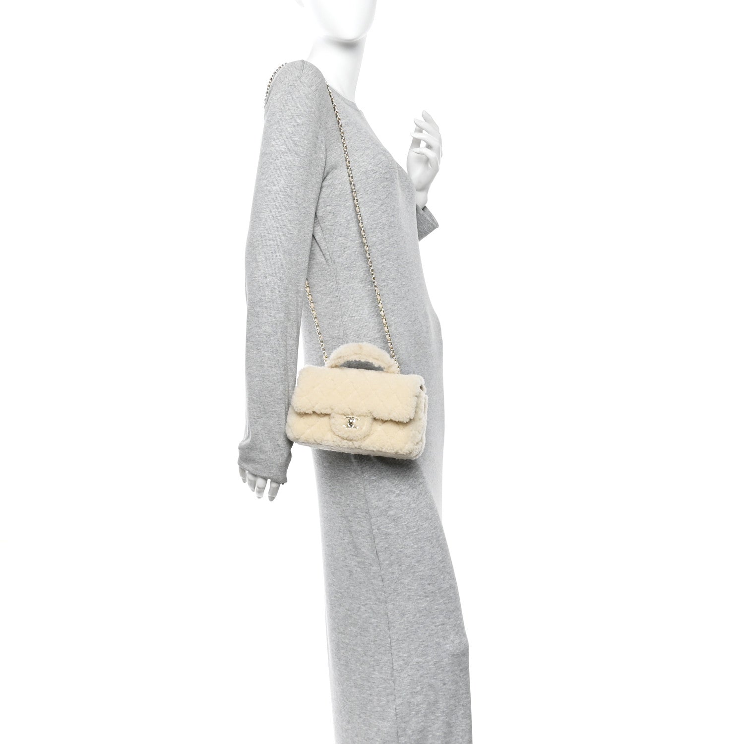 Shearling Quilted Mini Top Handle Rectangular Flap Ecru
