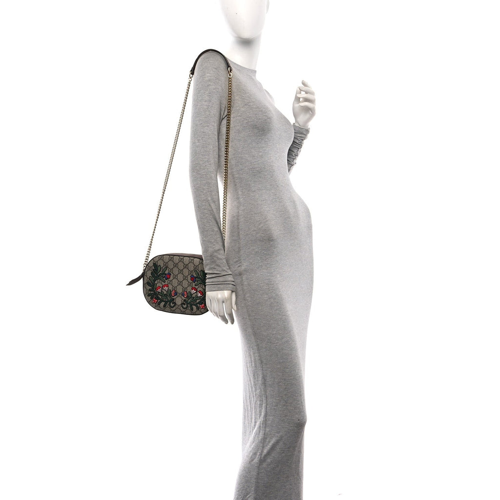 GG Supreme Monogram Floral Embroidered Mini Chain Shoulder Bag Beige Ebony Tuscany