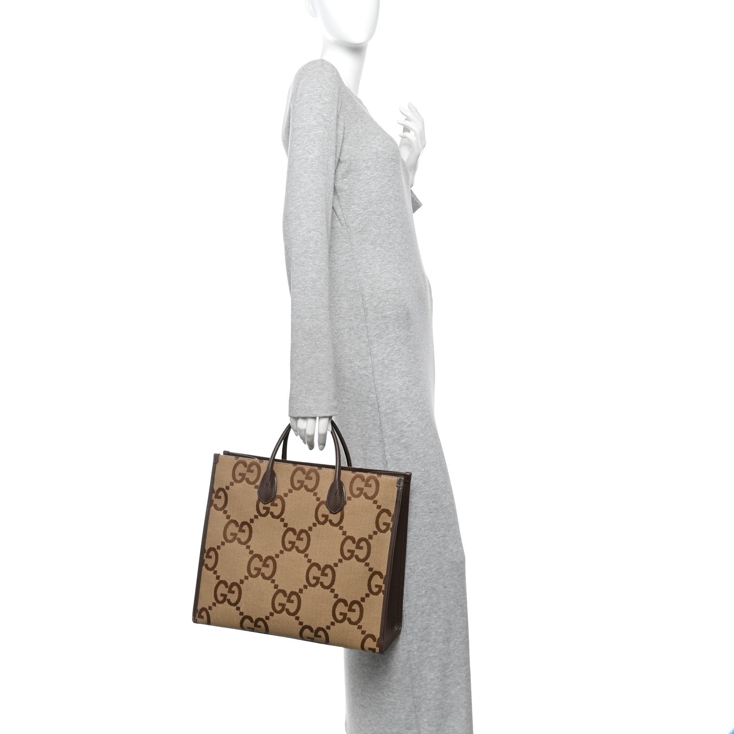 Monogram Jumbo GG Textured Dollar Calfskin Web Tote Bag Camel Ebony New Acero