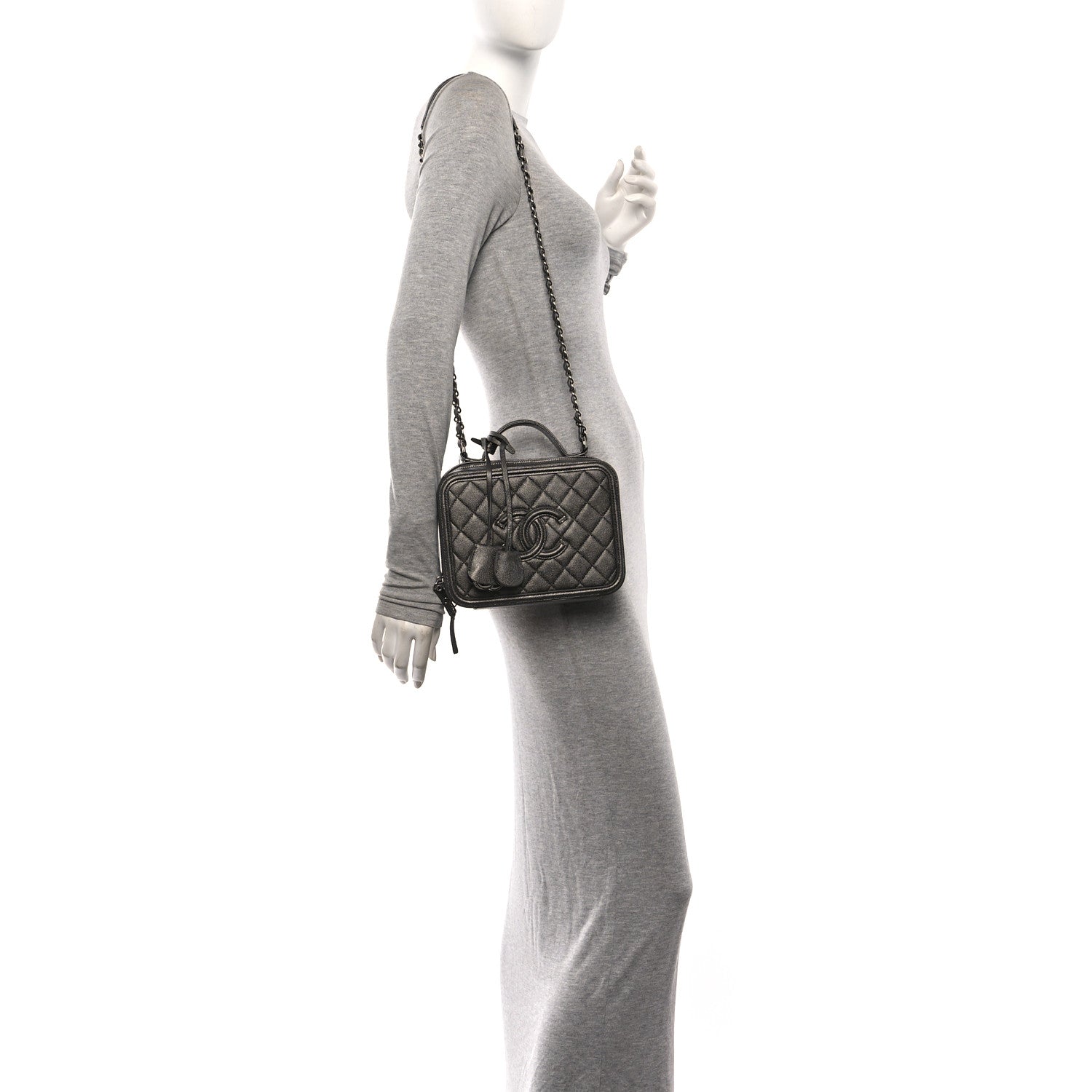 Metallic Caviar Quilted Medium CC Filigree Vanity Case Dark Silver
