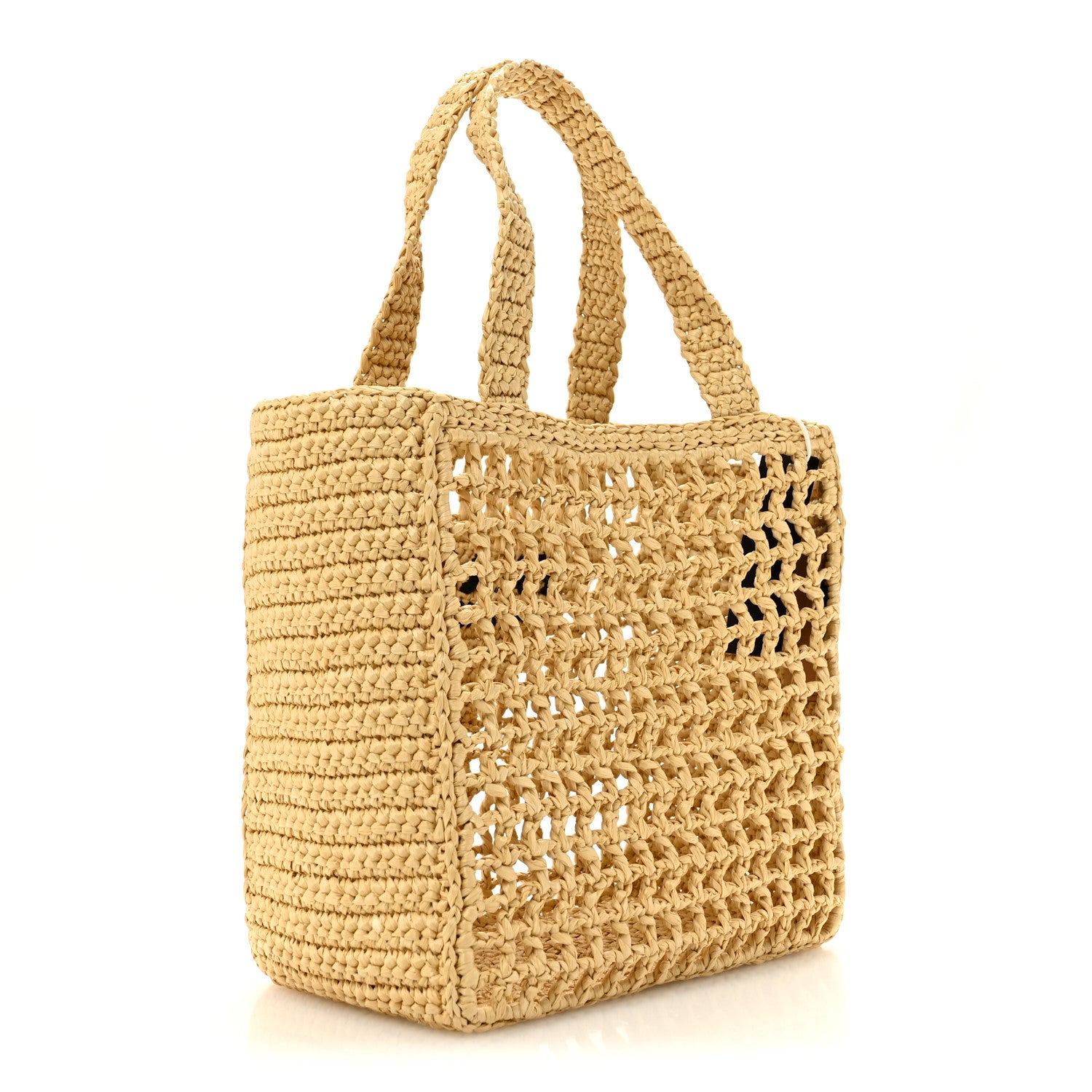 Yarn Raffia Effect Crochet Logo Embroidered Small Tote Bag Naturale