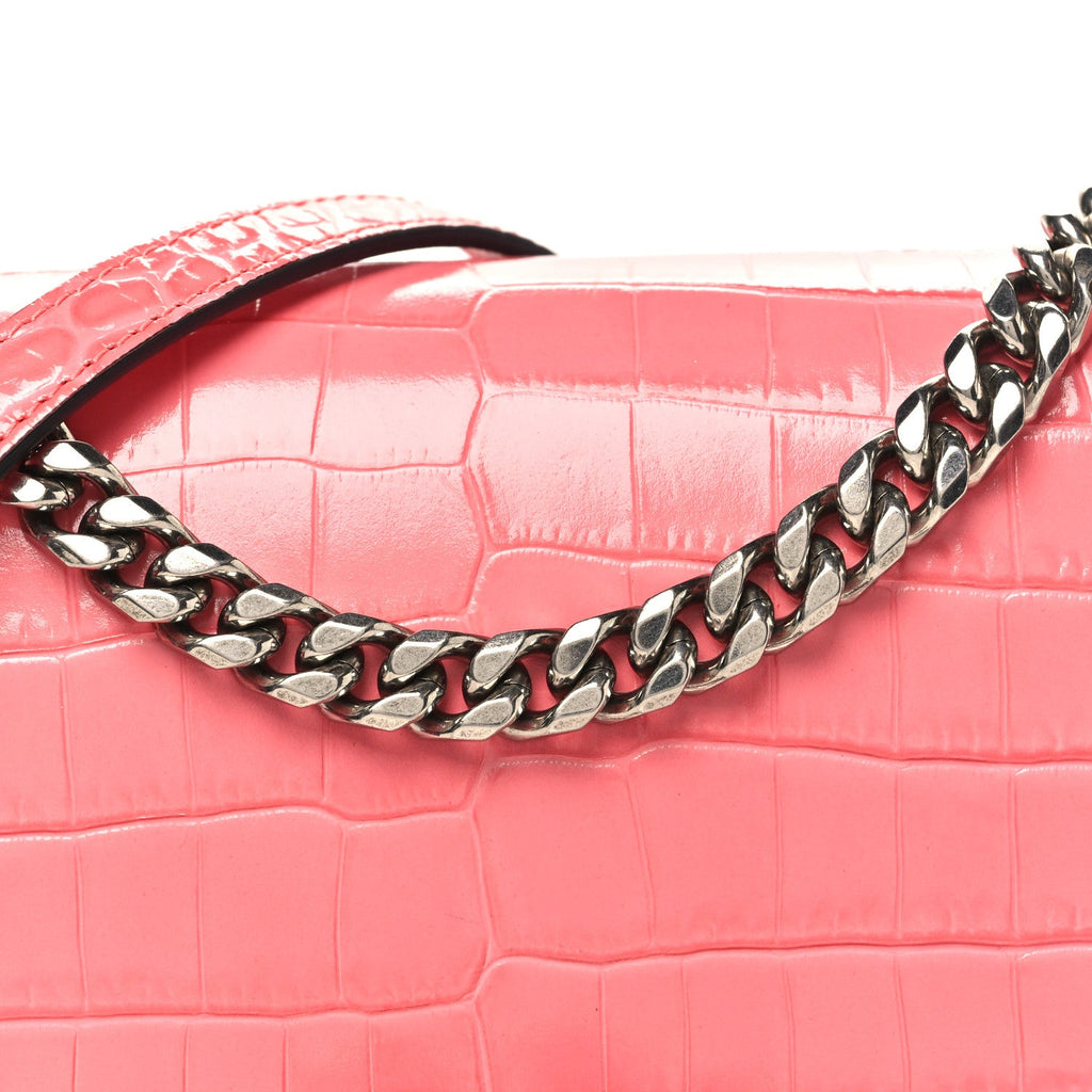 Shiny Crocodile Embossed Jeweled Satchel Pink