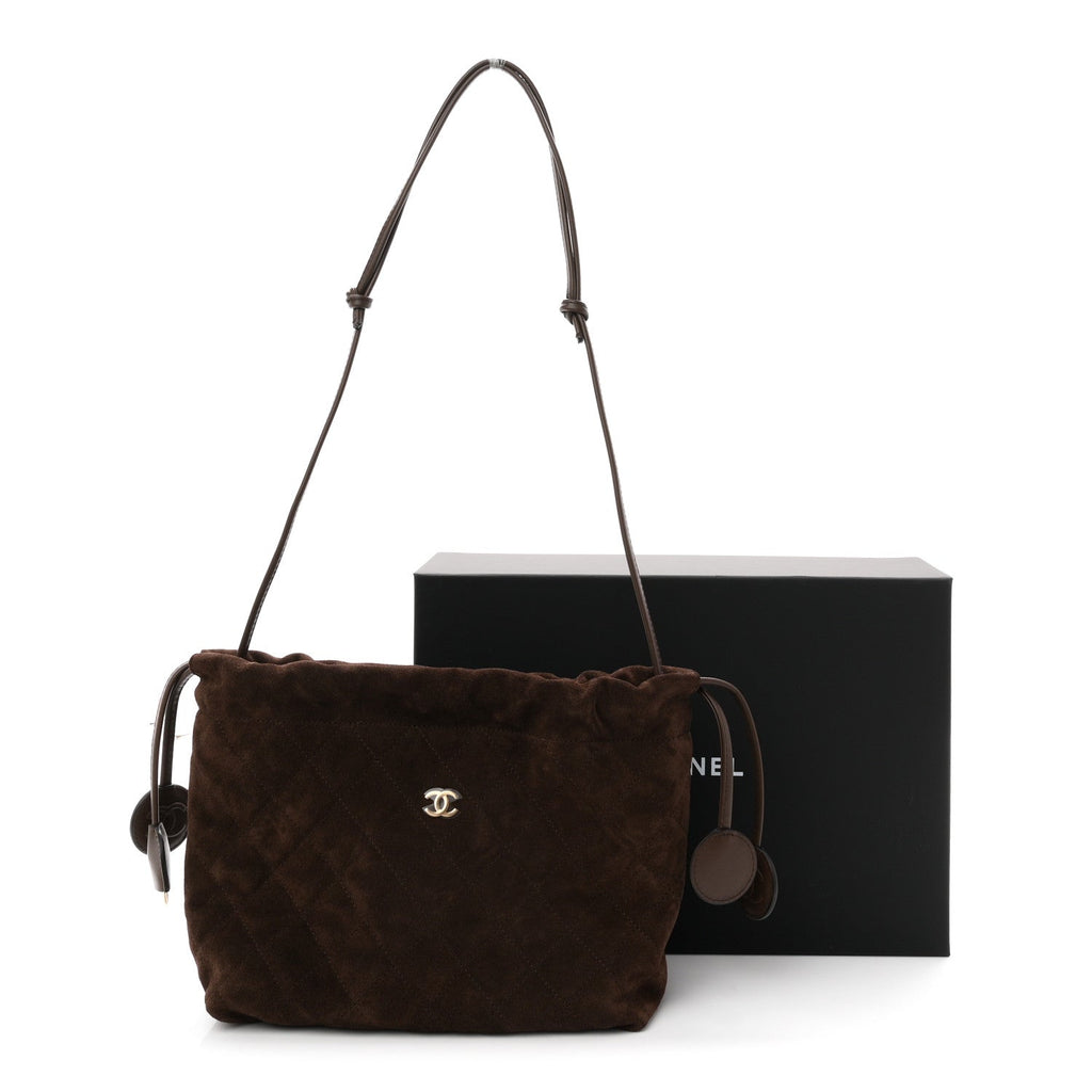 Suede Calfskin Quilted Clutch With Strap Dark Brown