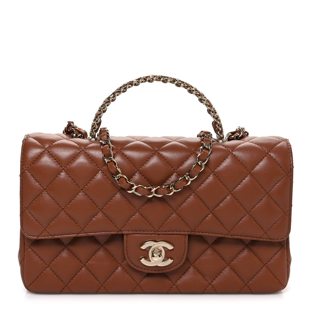 Lambskin Quilted Medium Crystal Top Handle Rectangular Flap Brown